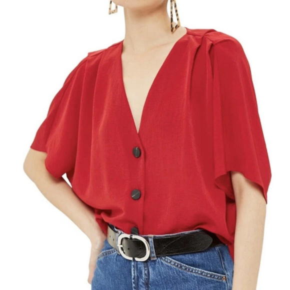 Topshop Tops - Topshop Pleat Shoulder Button Down Blouse Size 8 Red EUC